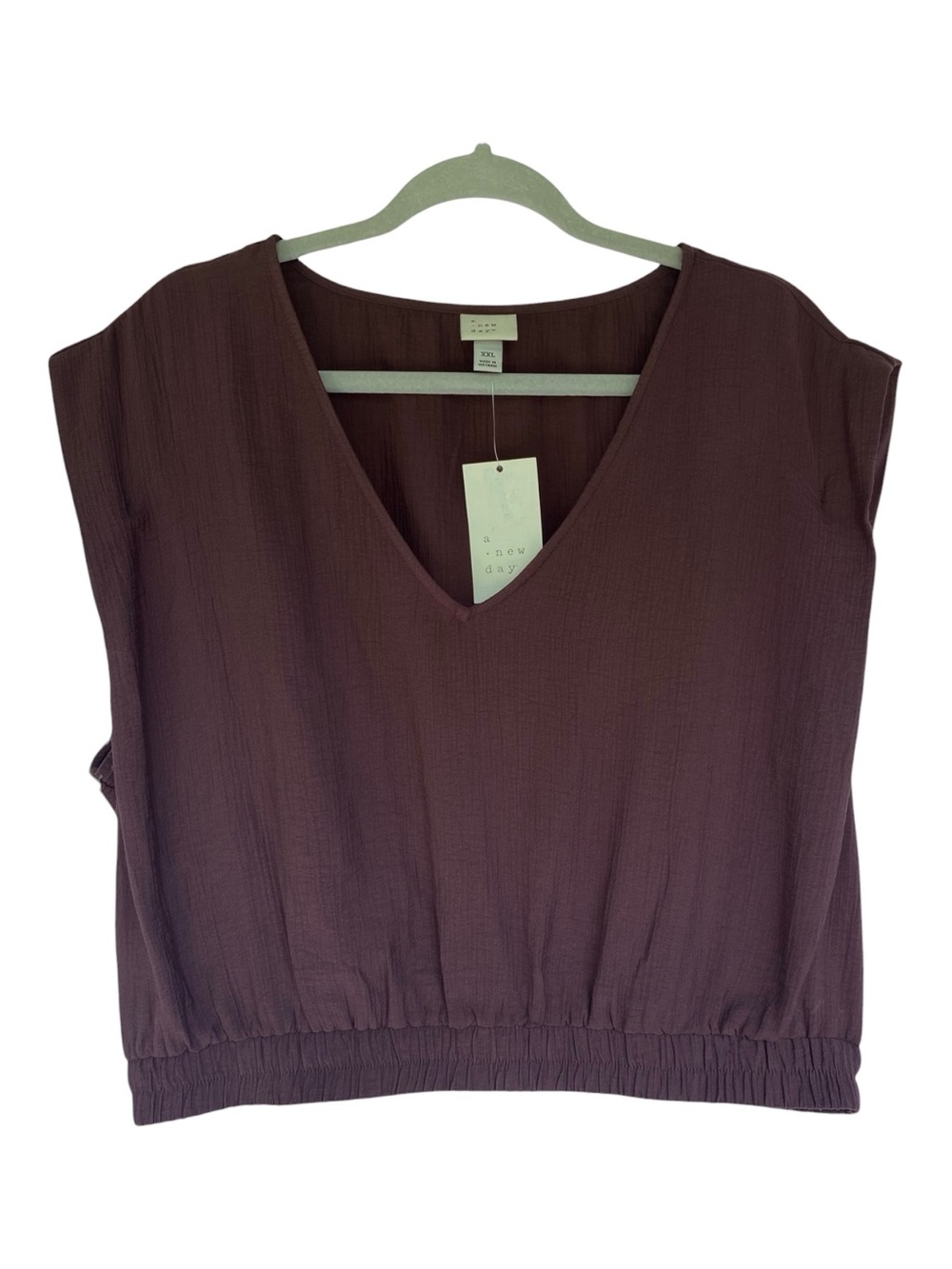A New Day Cropped Blouse V-Neck Smocked Sleeveless Brown Womens Size XXL NWT